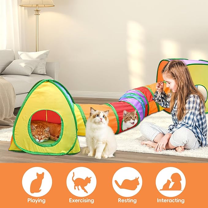 Cat Tunnels for Indoor Cats, Rabbit Tunnel,Pop Up Collapsible Crinkle Interactive Peek Hole, Cat Tube with Play Ball and Bell for Kitten, Puppy, Kitty, Rabbit - Set of 3