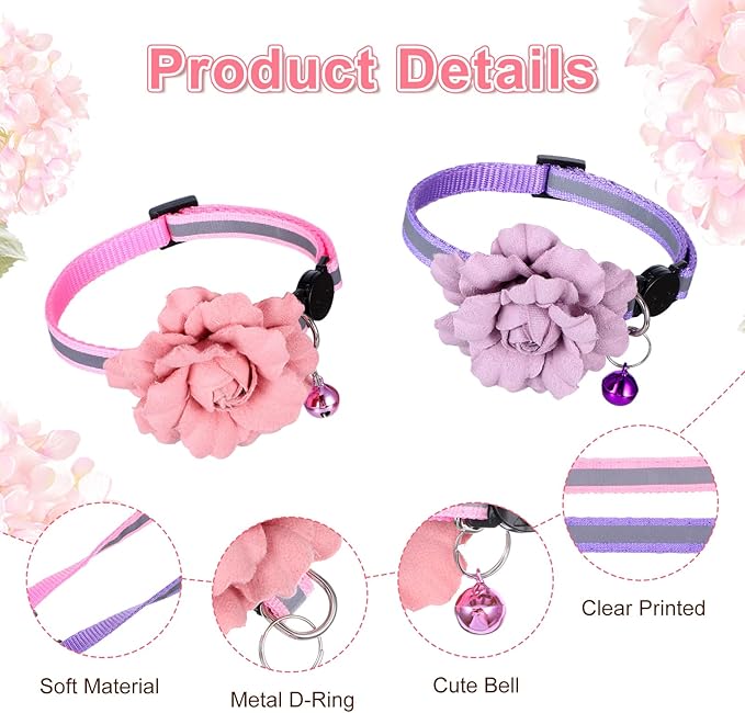 2 Pack Cute Cat Collar, Girls Cat Collars, Flexible Adjustable Floral Cats Bowtie Collar, Removable Kitten Collars with Bells for Boys Girls Cats Puppies Small Pets,Purple Pink