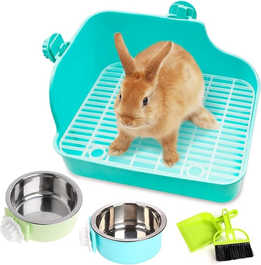 PINVNBY Rabbit Litter Box for Cage Bunny Corner Litter Bedding Box Small Animal Litter Pan Hanging Pet Bowls Cage Potty Trainer Pet Toilet for Rabbit Bunny Guinea Pigs Small Animals(Green)
