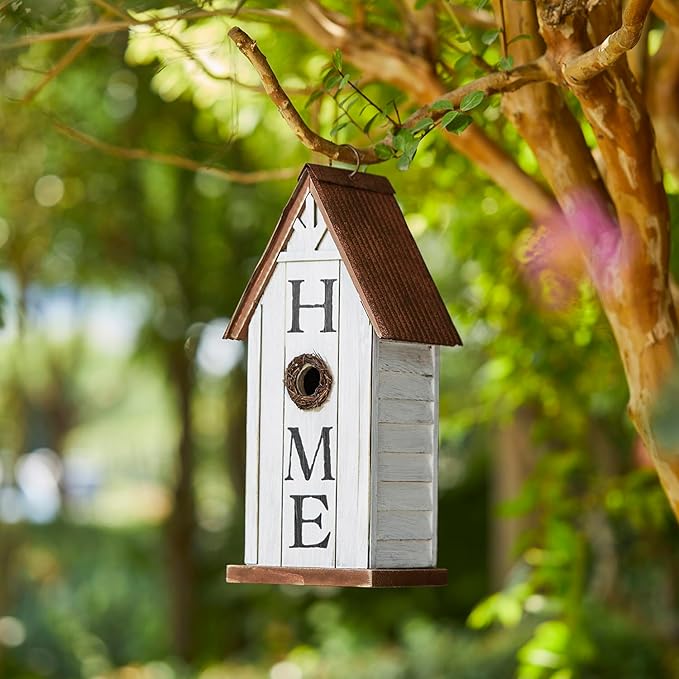 Glitzhome Decorative Bird Houses for Outdoors,14.75" H Distressed Bluebird House Solid Wood Hanging Bird House Home Inspiration Decorative Pet Cottage Outdoor Garden Birdhouse,Washed White