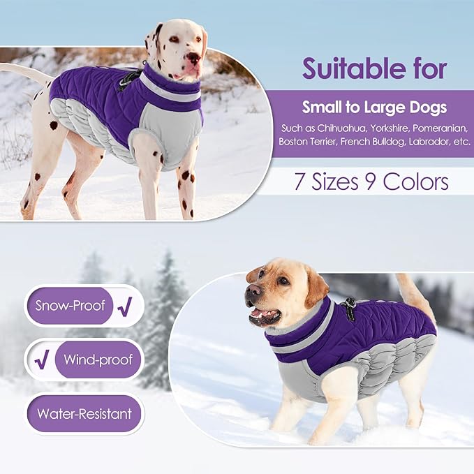 AOFITEE Dog Coat, Warm Dog Jackets for Small Dogs, Dogs Winter Coat with Harness Built in, Reflective Pet Winter Jacket, Waterproof Windproof Puppy Puffer Jacket Fleece Vest, Purple XS