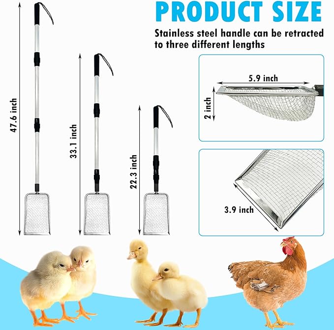 PINVNBY Stainless Steel Chicken Poop Scooper 3 in 1 Adjustable Long Handle Poop Scooper for Chicken(22.3" to 47.6") Multifunctional Chicken Coop Cleaning Tools Sifting Shovel Chicken Coop Accessories