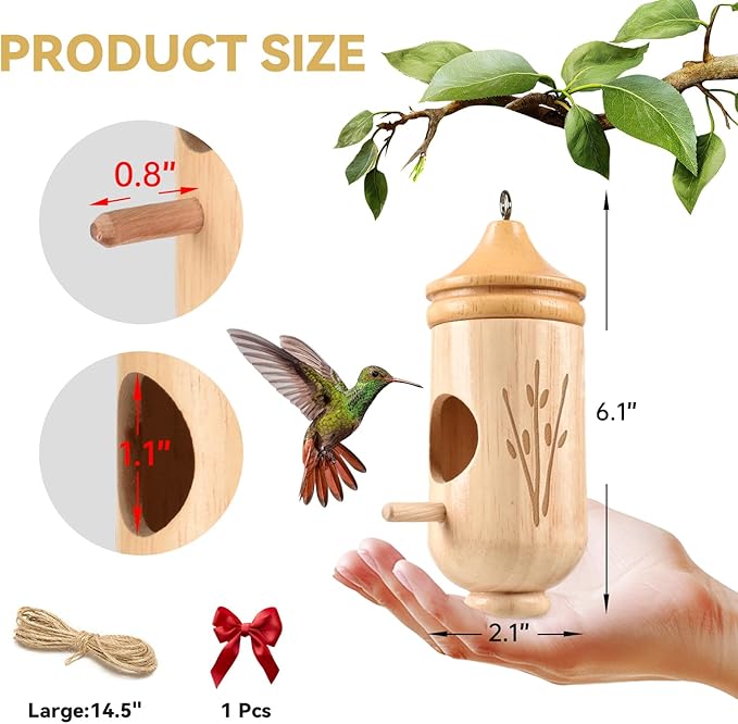 Hummingbird House, Solid Wood Hummingbird Houses for Outside-Exquisitely Handcrafted Birdhouse with Bow and Jute String Hanging Kit, Durable Garden Decor, Perfect Gardening Gift (Style-B, 1 Pack)