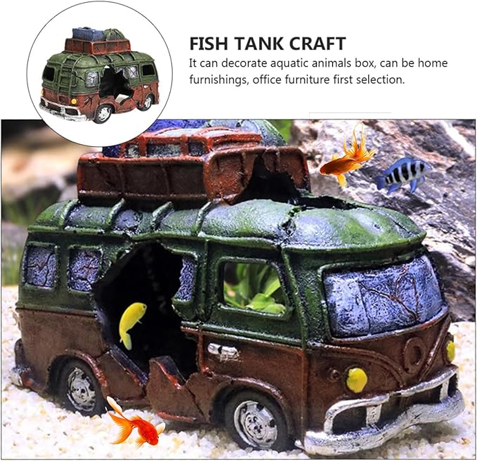 Aquarium Resin Ornament Car Wreckage for Fish Tank Underwater Landscape Decoration Hiding Cave Hideouts House Plants Supplies Decor Accessories