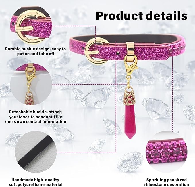 PEARLY JUN Rhinestone Dog Collars for Small Dogs Cat, XXS Fuchshia Bling Diamond Cat Collar Cute Luxury Crystal Pet Puppy