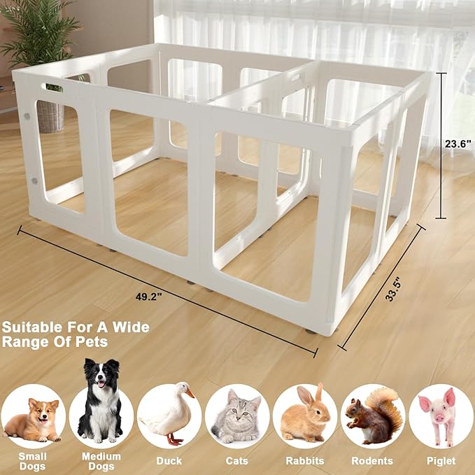 12 PCS Panoramic Clear Acrylic Dog Playpen with 2 Doors, Acrylic Plastic Dog Playpen for Small Dogs Indoor, Unobstructed Dog Fences Indoor Easy to Clean, 23.6" H Portable Medium Cage with Tool-Free