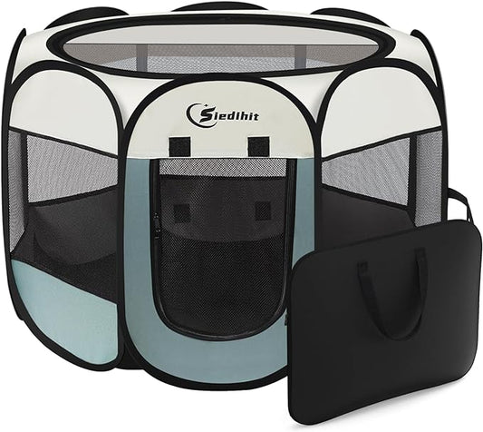 Dog Playpen, Puppy Pet Playpen, Medium Dogs Tent Crates Cage Indoor/Outdoor, Portable Pop Up Dog Kennel Playpen with Carrying Case for Dogs/Cats/Rabbits, Removable Zipper Top, Grey