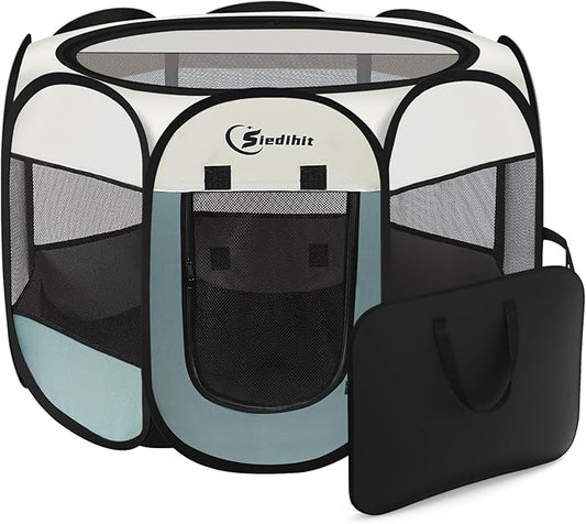 Dog Playpen, Puppy Pet Playpen, Large Dogs Tent Crates Cage Indoor/Outdoor, Portable Pop Up Dog Kennel Playpen with Carrying Case for Dogs/Cats/Rabbits, Removable Zipper Top, Grey