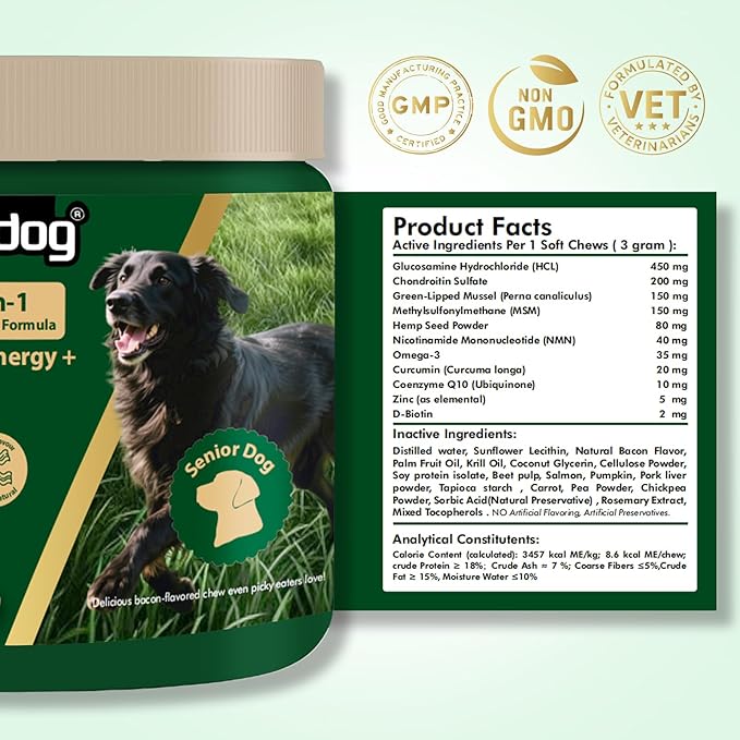 NAD Supplement for Senior Dogs - 3-in-1 Joint Supplement for Dogs, Skin & Coat Care Chews with Glucosamine, NMN, Omega-3 - Bacon Flavor, 90 Count for Arthritis & Allergy Relief (90Ct, Bacon)