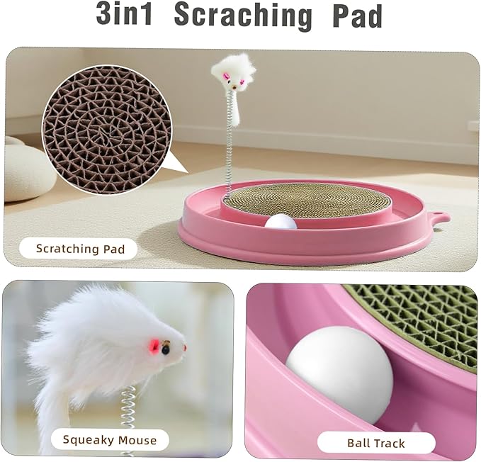 Interactive Cat Scratcher Toy, Round Plastic Scratching Pad with Ball Track & Mouse, Engaging Puzzle for Indoor Adult Cats and Kittens-Pink