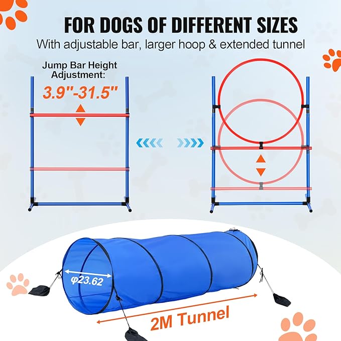 VEVOR Dog Agility Training Equipment, Dog Agility Course Backyard Set with Adjustable High Hurdles,6 Weave Poles,Tunnel,Jump Ring,Pause Box,Whistle,Foldable Bowl,Storage Bag, Puppy Obstacle Course Kit