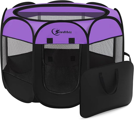 Dog Playpen, Puppy Pet Playpen, Medium Dogs Tent Crates Cage Indoor/Outdoor, Portable Pop Up Dog Kennel Playpen with Carrying Case for Dogs/Cats/Rabbits, Removable Zipper Top, Purple
