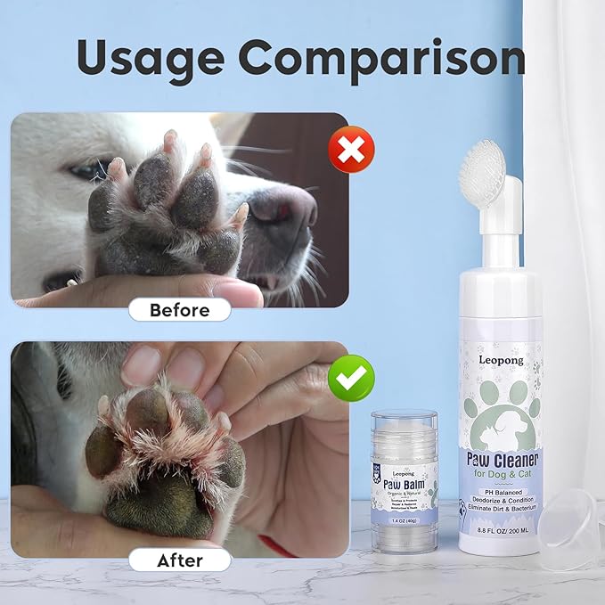 Dog Paw Care Kit - Cleaner for Large, Medium, Small, XL Breeds - Balm for Healing, Repairing & Restoring Dry, Cracked Paws & Nose - Protector for Pet Foot Washer Care