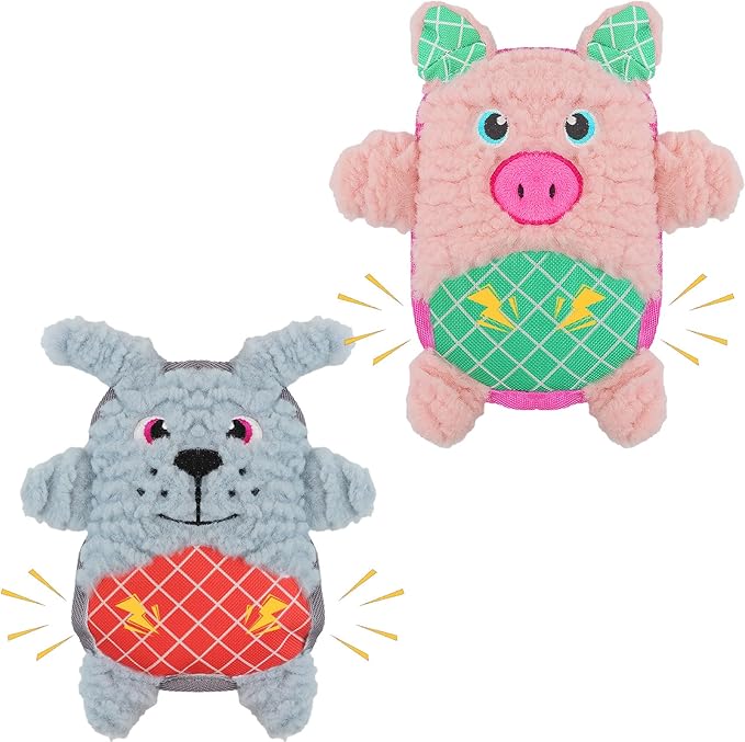 Crinkle Dog Toys Squeaky Plush No Stuffing Cute Puppy Stuffless Tough Rop Pull Toy, Fun Dog Stuffed Animals Durable Chew Set for Small Medium Large Pup (Large, Pink Pig+Blue Dog)
