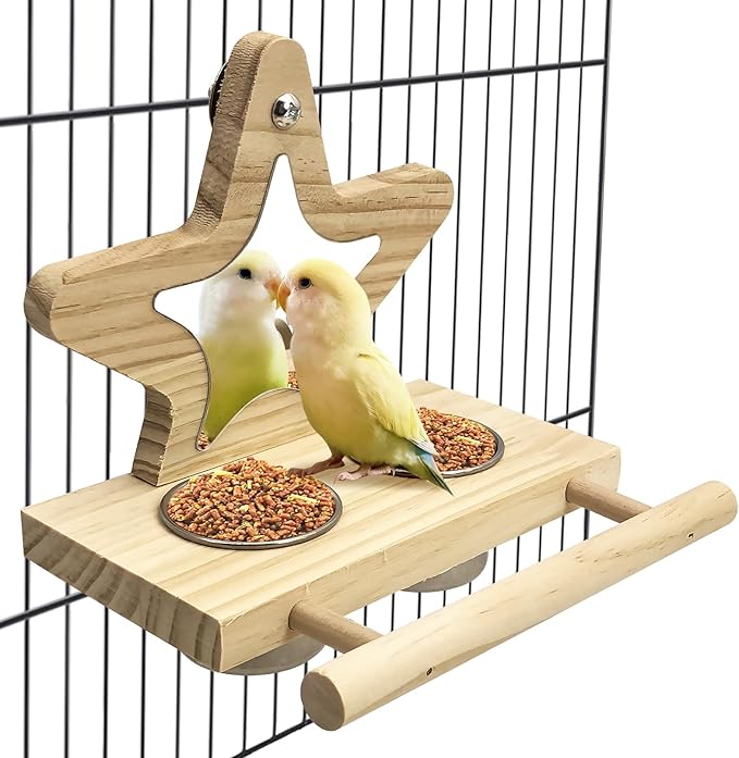 Tfwadmx Parrot Wooden Feeding Cups with Wooden Platform Stainless Steel Birds Bowls Food Water Bowls with Bird Food Holder for Cockatiel Conure Budgie Parakeet Macaw Lovebird