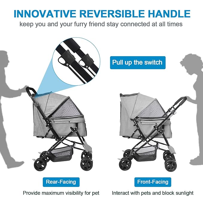 Dog Stroller for Large Medium Dogs & Cats with Reversible Handle, Foldable Pet Stroller Travel Carriage with Large Storage Basket, Gray