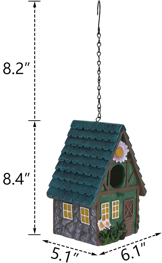 Green Resin Bird House with Slanted Roof, 1.5" Entry Hole Weatherproof Outdoor Decor for Cardinals Finches, Rustic Bird Sanctuary for Backyard Patio Garden