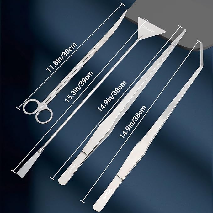 Segarty Longer Aquarium Aquascaping Tools, 4 in 1 Stainless Steel Silver Aquarium Tools Kit for Aquatic Plant Fish Tank, Scraper Spatula Feeding Tweezers Curved Scissors Anti Rust Aquascape Set