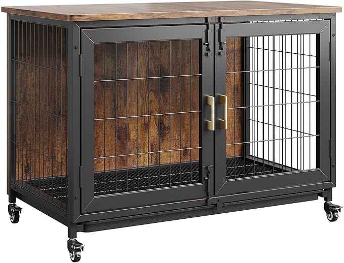 37.4" L Wooden Dog Crate Furniture for Small-Medium-Large Dogs, Escape-Proof Decorative Dog Crates for Anxious Dogs, Rustic Kennel with Lockable Wheels & Pull-Out Tray, Dog Kennel Indoor