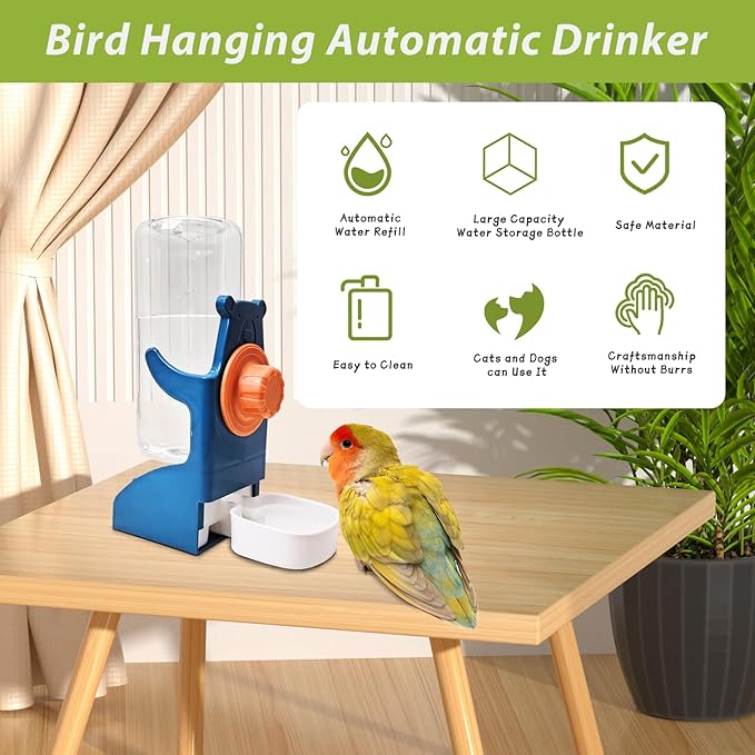 PINVNBY 2 PCS No Mess Bird Feeder Water Dispenser Set, Automatic Birds Water Feeder, Parakeet Seed Food Feeding Drinker for Cage, Plastic Parrot Feeder Accessories for Parakeets Cockatiel Lovebird