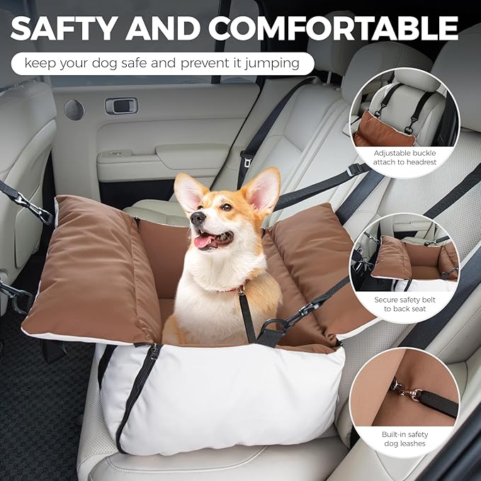 Dog Car Seats for Small Dogs, Waterproof Dog Booster Carseat with Storage Pockets, Thickened High Resilience Cotto & Clip-On Safety Leash, Pet Back Seat Puppy Travel Carrier Bed