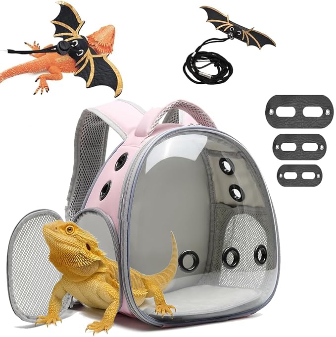 Bearded Dragon Lizard Backpack Carrier with Harness and Leash Set, Small Animal Carrier Backpack, Space Capsule Bubble Window Carrier Backpack, Airline Approved(Pink)