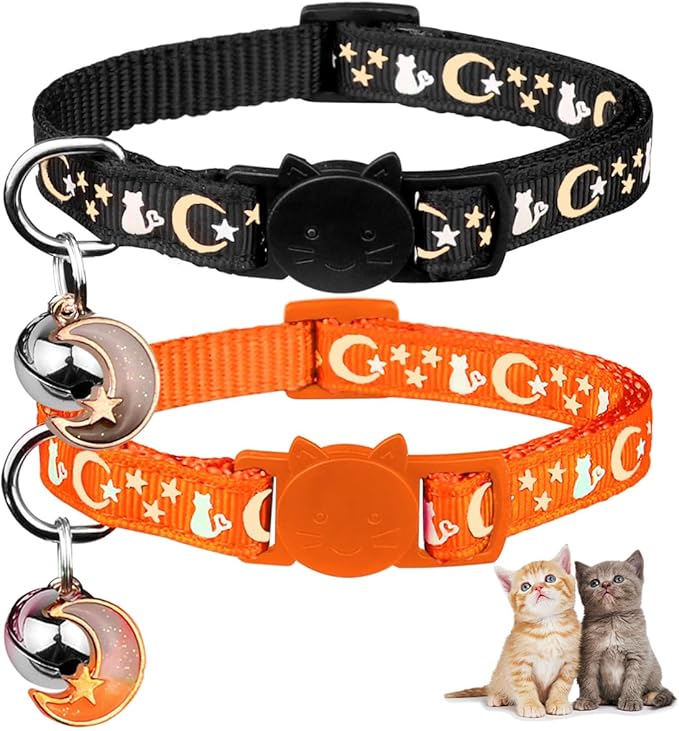 2PCS Breakaway Cat Collars with Bell Cute Kitty Glow in The Dark Adjustable Kitten Collars 7.9-13.0 Inch(Orange&Black)