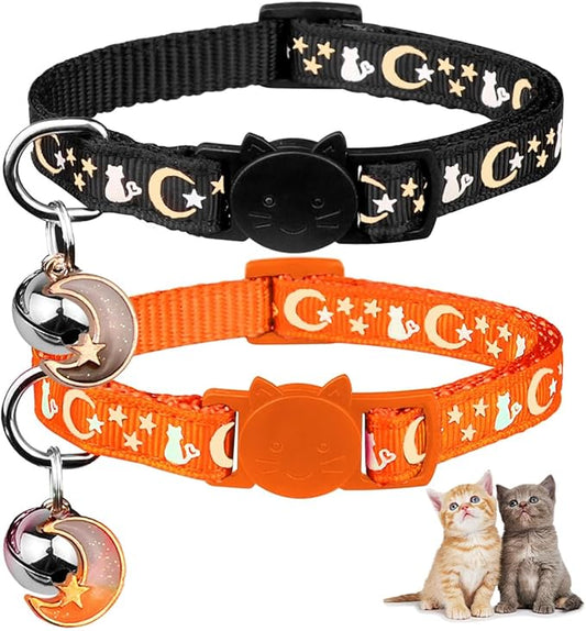 2PCS Breakaway Cat Collars with Bell Cute Kitty Glow in The Dark Adjustable Kitten Collars 7.9-13.0 Inch(Orange&Black)
