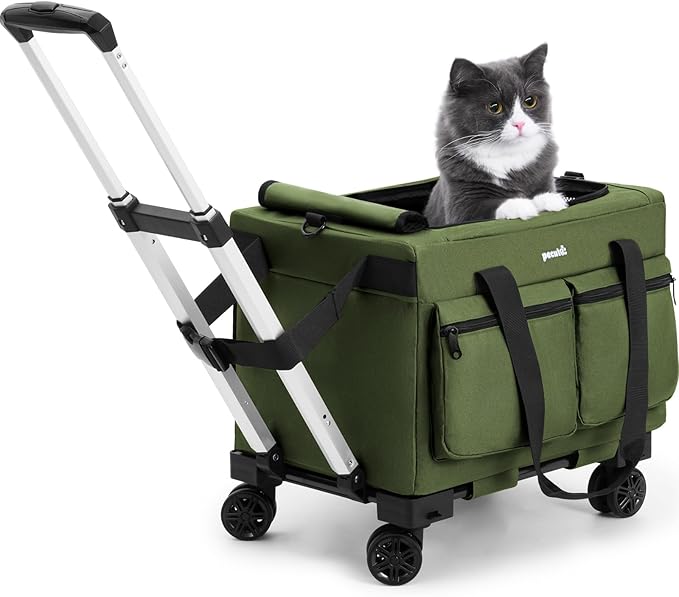 Pecute Cat Carrier with Wheels,Steel Wire Frame Cat Carrier, Stable Pet Trolley for Cats, Pet Handbag and Stroller Bag, Portable Cat Bag for Travel Bus Subway, Green