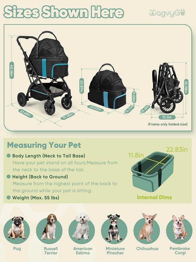 Dog Stroller, Cat Strollers, 5-in-1 Pet Stroller with Detachable Waterproof Carrier for Small/Medium Dogs Cats up to 55lbs, All-in-One Fold Without Detaching Carrier for Dogs Cats 10 lbs to 55 lbs