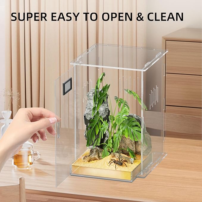 Reptile Terrariums with Temperature Hygrometer, 5.9"x5.9"x9.8" Acrylic Breeding Box Terrarium Cage Tank for Small Reptile Insect Home Office (Arboreal)