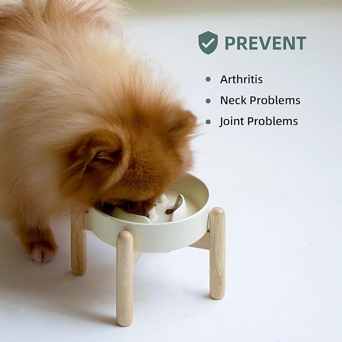 6.1inch Ceramic Raised Dog Slow Feeder Set, Elevated Bowl with Wooden Stand for Small Dog and Cat, Puzzle Slow Dog Food Dish, Anti-Gulping(Beige, Single Bowl+ Stand)