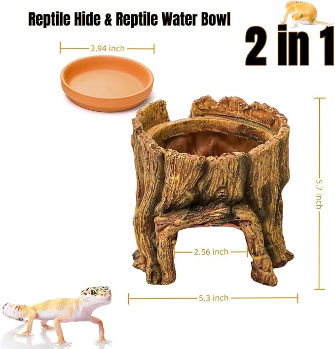 Reptile Hide - Resin Leopard Gecko Tank Accessories Toad House with Clay Water Basin Humidifying Help Shedding for Leopard Gecko