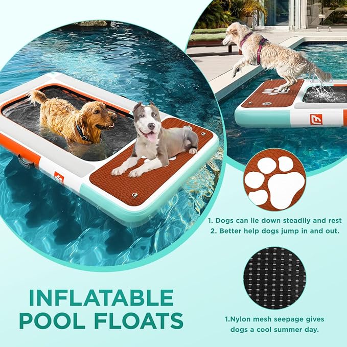 FBSPORT Dog Pool Float, Inflatable Dog Float for Pool, Lakes, Boats and Sea, Non-Slip EVA Floating Dock Platform for up to 396lbs