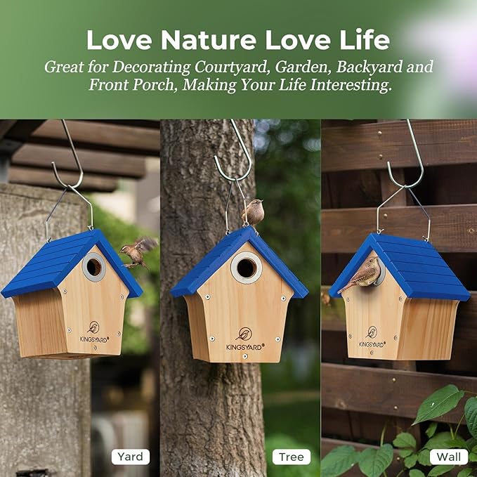 Kingsyard Wooden Wren House with Predator Guard, Bird Nesting for Outdoor, Garden Patio Nest Box Birdhouse for Wild Bird Watching, Royal Blue