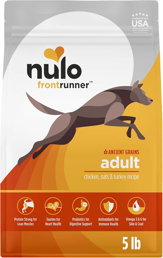 Nulo Frontrunner Ancient Grains High-Protein Dog Food, Chicken, Oats, & Turkey Recipe- Natural Dry Dog Food with Probiotics, Grain-Inclusive Kibble for Adult Dogs, 5 lb Bag