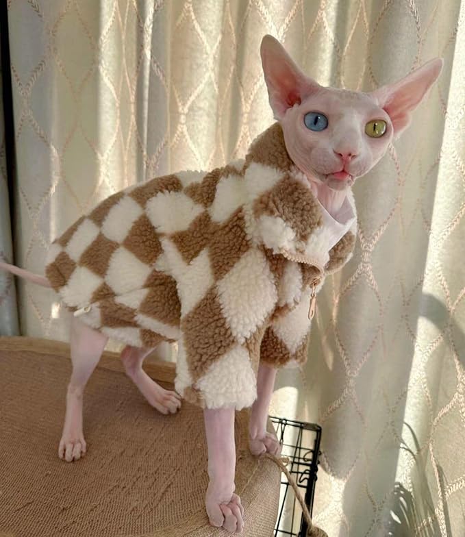 Turtleneck Sphynx Cat Winter Clothes, Double-Sided Fleece Jacket with Zipper, Sweater for Sphynx Cat Winter Warm Outfit Coat for Hairless Cats and Small Dogs Apparel with Sleeves (Diamond, X-Large)