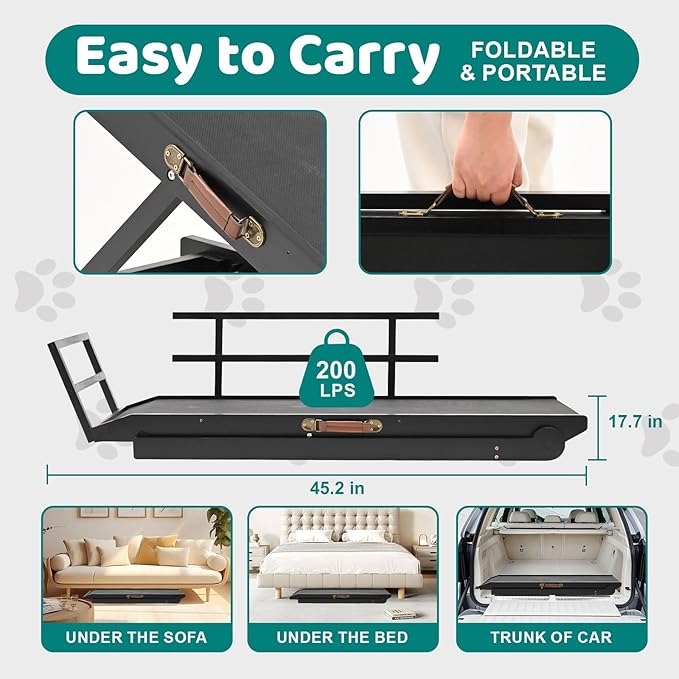 Dog Ramp for Bed, Adjustable Pet Ramps for Dog to Get on Bed, Non-Slip Rubber Surface - Folding Wooden Dog Ramp for Small/Large/Old Dogs, Adjustable up to 23.5 inch High Beds, Safety Railings