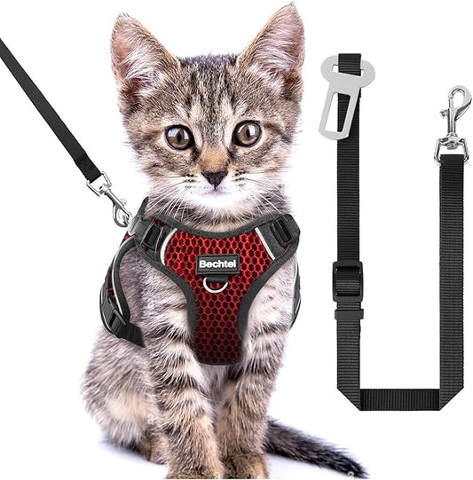 Cat Harness and Leash for Walking Escape Proof Soft Adjustable Cat Leash Breathable Honeycomb Structure Comfortable Vest Easy to Wear Kitten Harness for Outdoor Travel, Honeycomb Red, XXS