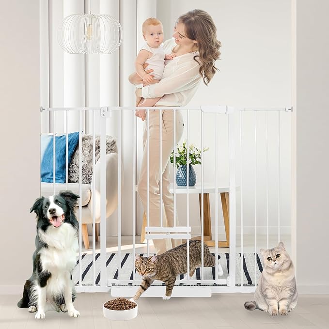 30 Inch Tall Baby Gate with Small Cat Door, Adjustable Auto Close Dog Gate Easy Walk Thru Pet Door for Stairs, Doorway, House (White, 29.52"-49.21")