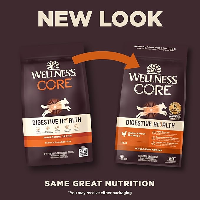 Wellness CORE Digestive Health Dry Dog Food, Wholesome Grains, Natural, Recipe for Dogs with Sensitive Stomachs, Chicken, (4-Pound Bag)