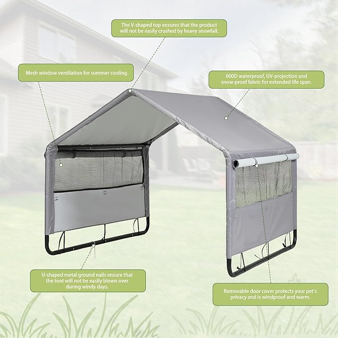 4'x 4'x 3.3' Extra Large Dog House Outside, Pet Tent Outdoor Dog Shade Shelter for Large Medium Dogs, Outside Sun Rain Canopy Pet House for Cats Pigs Livestock w/Artificial Leaves