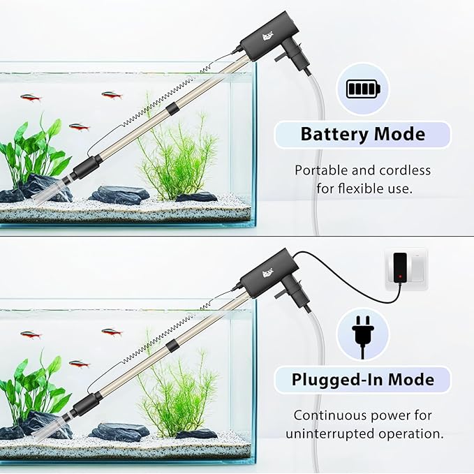 AQQA Aquarium Vacuum Gravel Cleaner 20W Electric Rechargeable Fish Tank Cleaner Tools for Automatic Water Changing, Debris Clean& Sand Washing, Strong Suction with 4-Speed Adjustable (20W, 480GPH)