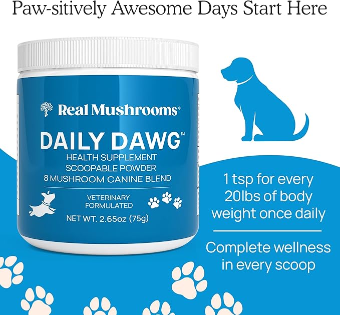 Real Mushrooms Whole Dog Health – Functional Mushroom Blend for Dogs with Lion’s Mane, Cordyceps, Turkey Tail, Reishi, Shiitake for Overall Wellbeing of Dogs – 2.65 oz Powder Supplement
