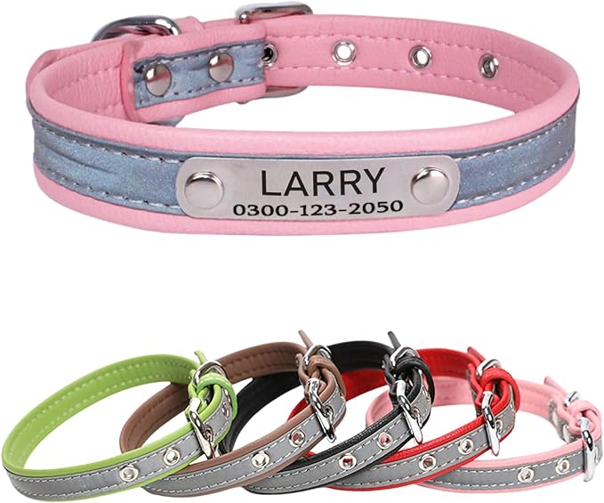 Yonsbox Custom Personalized Reflective Dog Collar with Name Plate Engraved Cute Dog Collars for Male Female Boy Girl Large Dogs Pink, XL