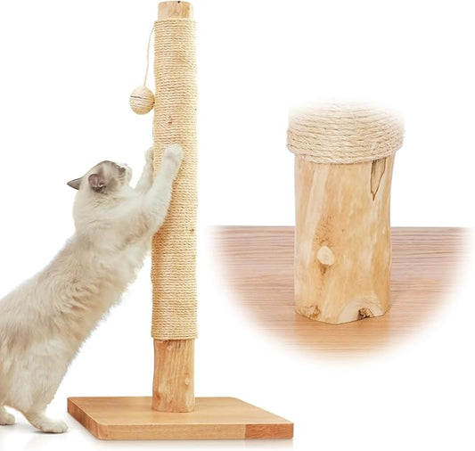 Premium 35" Cat Scratching Post – Natural Pear Wood, Sisal Rope, Rubber Wood Base with Oak Skin, Ideal for Large Cats, Free Rope Replacement