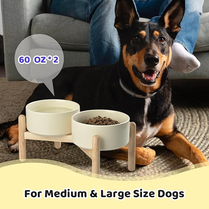 SPUNKYJUNKY Ceramics Elevated Dog Bowls with Wooden Stand - Raised Double 60OZ Cream White Bowls for Medium Large Dogs