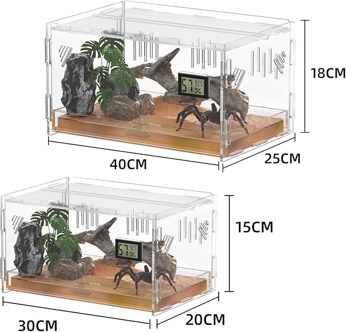 Reptile Terrariums with Temperature Hygrometer, 15.7"x9.9"x7.1" Acrylic Breeding Box Terrarium Cage Tank for Small Reptiles, Insects, Home Office (Terrestrial)