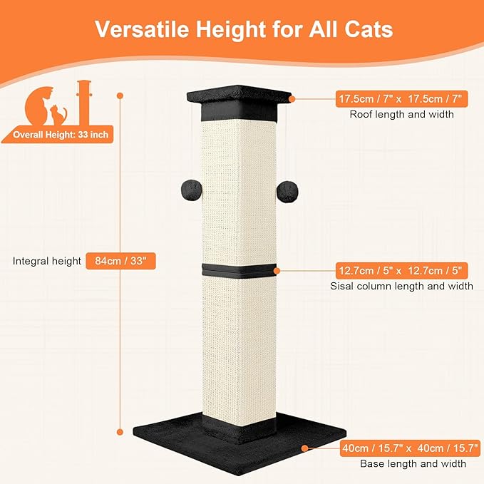 Cat Scratching Post 33 Inch Nature Sisal Cat Scratch Post for Indoor Cats, Large Cat Scratcher Protect Your Furniture, Black