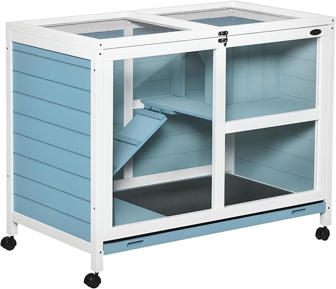 PawHut Rabbit Hutch with Wheels, Desk and Side Table Sized, Wooden Rabbit Cage, Waterproof Small Bunny Cage with Removable Tray, Openable Roof, for Indoor & Outdoor, Light Blue